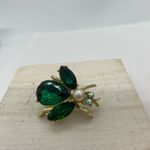 Vintage 60s Rhinestone Flying Insect Bug Brooch Pin Green Gold White Pearl Photo 4