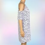 Veronica M . white with blue feathers, cold shoulder shift dress. Size XS. EUC Photo 2