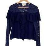Nicole Miller  Atelier Navy Blue Silk Blouse size Small Lace Trim Long Sleeves Photo 1