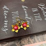 Vintage Flower Dangle Earrings Brass Pink Bead Gold Photo 2
