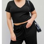 Cider  Black Ribbed Knit V-Neck Short Sleeve Top 4X Photo 0
