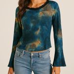 Vintage Educe 90s Teal Baroque Floral Lace Trim Mesh Top Medium Rave Club Moody Blue Photo 0