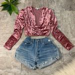 FAVLUX Pink Velvet Cropped Long Sleeve Blouse Photo 0