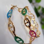 Gold with Colors Mariners Chain Link Hoop Earrings Photo 2