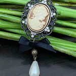 Vintage Unsigned Cameo with Black Bow & Faux Pearl Dangle Brooch Photo 0