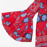 Anthropologie Vanessa Virginia Boho Bell Sleeve Mini Dress Red Blue Floral 100% Silk Size XS Photo 3