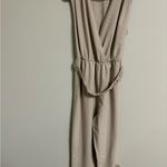 ZARA  Jumpsuit Size Medium Poly Linen Blend Tan One Piece Belted Deep V Neck Photo 2