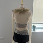 Cream lace long sleeve cover up with fur collar and tube top White Photo 2