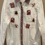 Vintage Bobbie Brooks Christmas Holiday Festive White Oxford Button Down Shirt Size M Photo 1