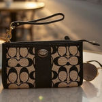 Coach Signature Jacquard Accordion Zip Wallet Black Leather Trim Photo 0