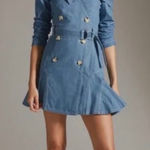 Anthropologie ATSU One Shoulder Denim Mini Dress Sz 6 Blue Belted Off Shoulder Photo 0