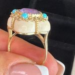 14K RARE Yellow Gold Bezel Amethyst Turquoise Quatrefoil White Agate Ring S 6.5 Photo 6