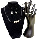 Freshwater Pearl Jewelry Set, Necklace, Earrings, Bracelet on Black Leather Cord White Photo 6