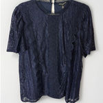 Cable & Gauge NWT  2X Top Blouse High Neck Lace Navy Blue Work Office Party Photo 0