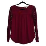Ann Taylor LOFT Maroon Sheer Lace Sleeve Crewneck Blouse Photo 0