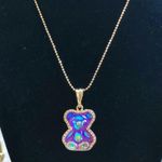Iridescent Gummy Teddy Bear Pendant on Chain Necklace Gold Plated Steel New Blue Photo 2