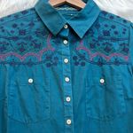 Johnny Was  3J Workshop turquoise embroidered button down blouse Photo 1