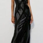 ZARA NWT black satin & mesh floral appliqué slip maxi dress with spaghetti strap Photo 9