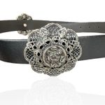 Vintage Leather Belt S Silver Filigree Floral Concho Medallion Made In Italy Black Photo 1