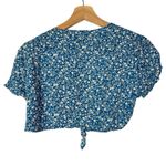 SheIn Blue & White Floral Tie Front Crop Short Sleeve Top S Photo 1