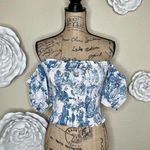 Gianni Bini Ivory/Blue French Toile Print Off Shoulder Blouse Size Extra Small Photo 0