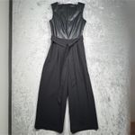 Calvin Klein  Jumpsuit XS Black Faux Leather Wide Leg V-Neck Tie Waist Formal Photo 1