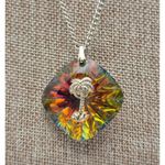 Vintage Germany Signed Iridescent Pendant Necklace with Gold Palm Tree 24" MINT Photo 6