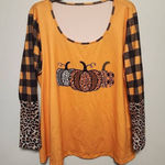 Orange Patchwork Halloween Print Long Sleeve Shirt Leopard Print 1x Black Photo 0