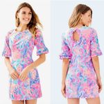 Lilly Pulitzer  Fiesta Stretch Dress 00 Pink Aquadesiac Ruffle Sleeve Mini Summer Photo 1