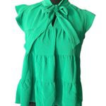 Monteau Green Ruffled Blouse with Bow Tie Neck | Feminine Cottagecore Style Photo 0