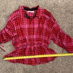 Free People  Pacific Dawn Red Pink Plaid Shirred Shirt Top. Size Medium. Photo 8