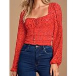 Free People Lola Red Floral Ruffle Boho Crop Top Long Sleeve Blouse Size L Photo 1