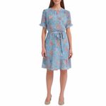 Loft Short Ruffle Sleeve Tie Waist Dress Blue Pink Floral Women’s Size Large Photo 12