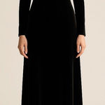 Onyx Nite  Black Velvet Maxi Dress Faux Fur Trim Off Shoulder Long Sleeve 14 USA Photo 0