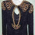 vintage Morigana long sleeve heavily beaded black and gold silk dress 70s 80s Size 10 Photo 4
