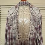 American Rag Purple Plaid Blouse with Crochet Accents Photo 4