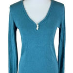 Summersalt  Ribbed Long Sleeve Henley Shirt Teal Blue Stretch Modal Blend‎ Large Photo 0