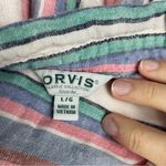 Orvis  Linen Blend Pink Blue Green White Stripe Button Down Short Sleeve Top Photo 1