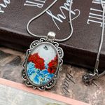 Red Poppy Floral Glass Oval Pendant Stainless Steel Necklace 18” Blue Photo 1