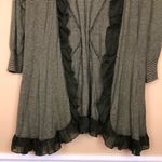 Guinevere Women’s Striped Ruffle Trim Detail Green White Open Front Cardigan Photo 2