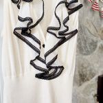 Bebe  Silk Cream Ruffle Neckline Fitted Sleeveless Babydoll Top Photo 3