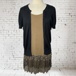 LOGO By Lori Goldstein Olive Green Layering Tunic Black & Gold Lace Hem, Medium Photo 6