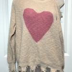 Cato  Distressed Cold Shoulder Knit Sweater Pink Heart Cream Medium Valentines Photo 0