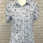 PASSPORT Button Down Short Sleeve Shirt Blue/White Striped Bird Print Photo 0