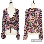 Free People  Maybel Sheer Floral Tie Front Peplum Top Crop Black‎ Pink Small New Photo 1