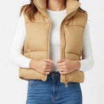 Tan Puffer Vest Women's Size S Sleeveless Collar Zip Up Outerwear Photo 0