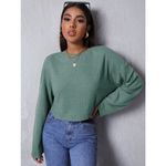 SheIn Medium Cropped Long Sleeve green ribbed tee round neck bishop sleeves​ Photo 4