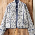 Floral Reversible Quilted Cotton Jacket: Oversized Boho Bomber Blue Size XL Photo 0
