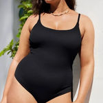 Aerie  Ribbed Full Coverage One Piece Open Tie Back Swimsuit Black Medium Long Photo 0