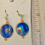 Blue Rainbow Coin w Tangerine Orange Crystals Earrings Photo 2